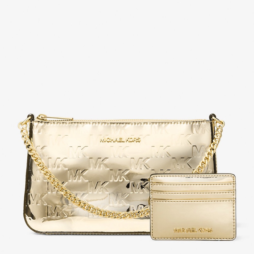 MICHAEL KORS Jet Set Medium Metallic Logo Debossed Pochette and Card Case Set